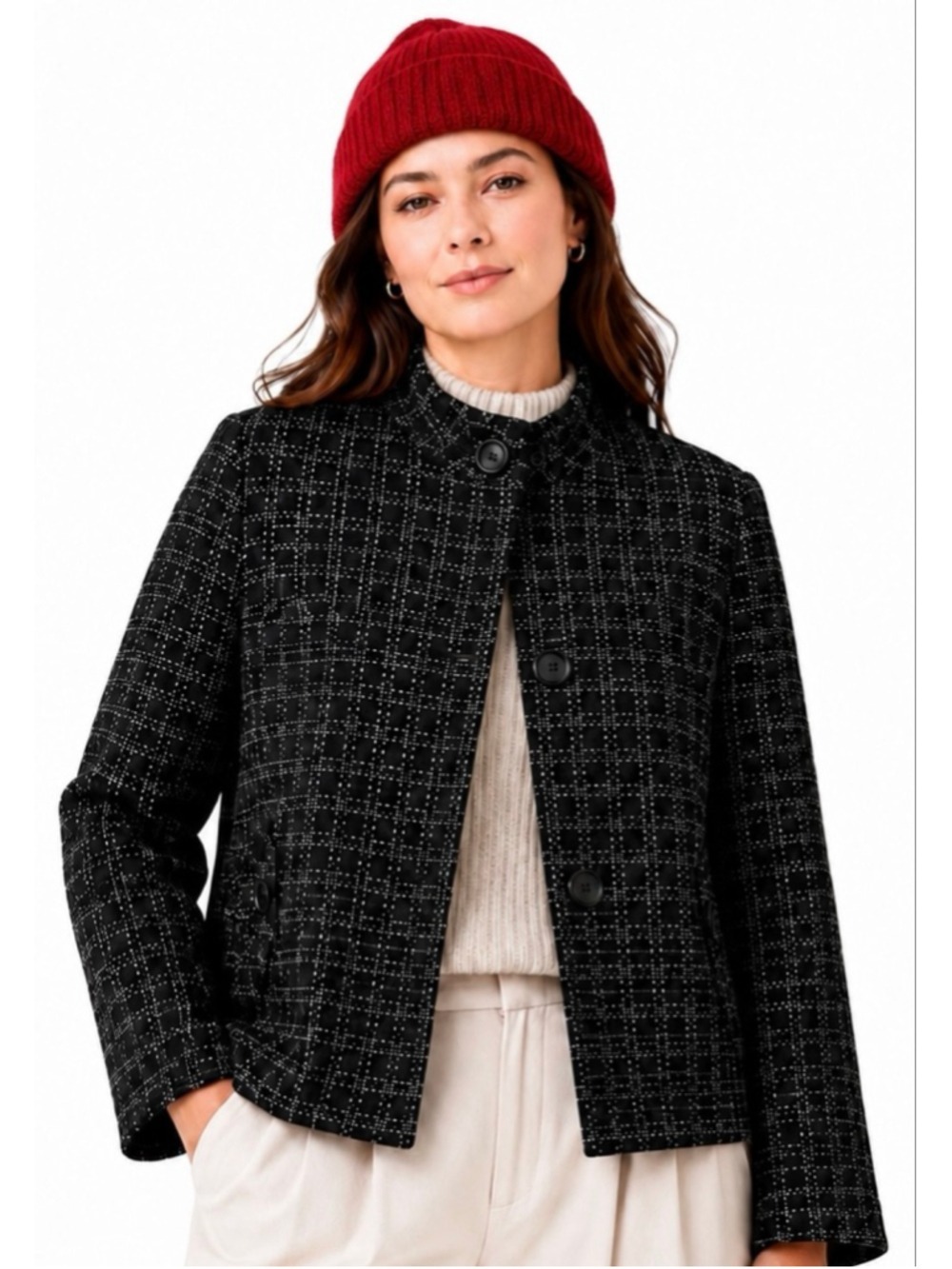 ADDITION ELLE Plus Petite 16 Black & White Plaid Bouclé Fall Coat